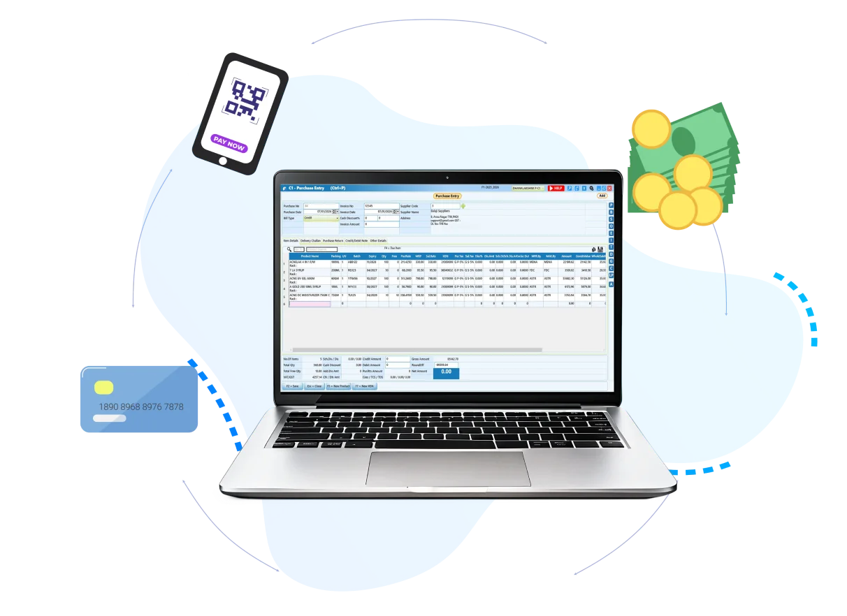 Billing software supporting cash UPI card and mixed payments